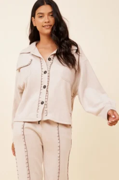 Outlet Almond Milk W/Hot Fudge Stitching Solid Reverse Burnout Shacket All Tops