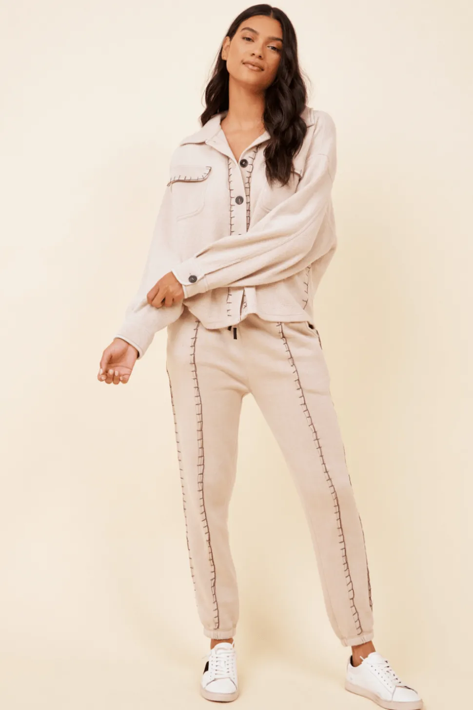 Outlet Almond Milk W/Hot Fudge Stitching Solid Reverse Burnout Shacket All Tops