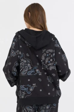 Hot Black Bandana Printed Fleece Oversized Zip Up All Tops|Sweatshirts