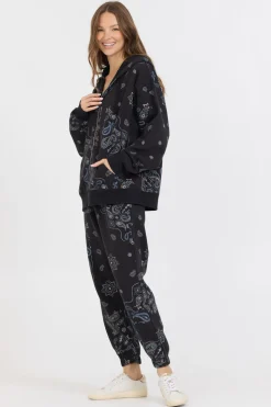 Hot Black Bandana Printed Fleece Oversized Zip Up All Tops|Sweatshirts