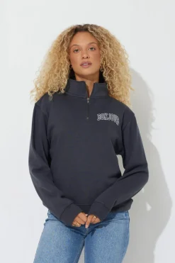 Hot Black "Bonjour" Quarter Pigment Dyed Zip Sweatshirt All Tops