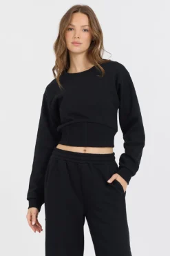 Store Black Brushed Fleece Corset Crew All Tops