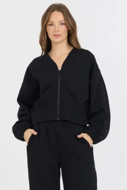 Store Black Brushed Fleece Zip Up W/ Snap Sleeves All Tops