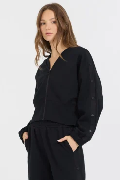 Store Black Brushed Fleece Zip Up W/ Snap Sleeves All Tops