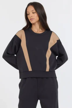 Cheap Black/ Caramel Colorblock Insert Cloud Fleece Crew All Tops