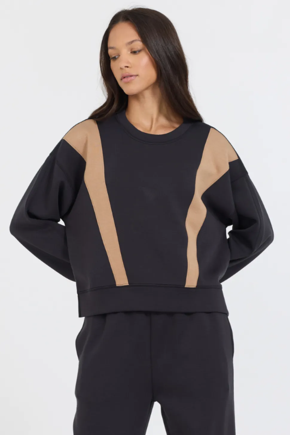 Cheap Black/ Caramel Colorblock Insert Cloud Fleece Crew All Tops