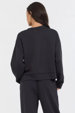 Cheap Black/ Caramel Colorblock Insert Cloud Fleece Crew All Tops