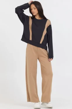 Cheap Black/ Caramel Colorblock Insert Cloud Fleece Crew All Tops