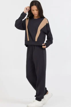 Cheap Black/ Caramel Colorblock Insert Cloud Fleece Crew All Tops