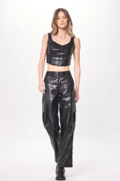 Cheap Black Faux Leather Corset All Tops