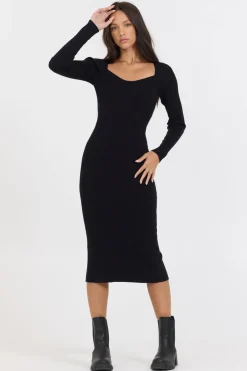 Best Black Fitted Rib Knit Midi Dress Dresses