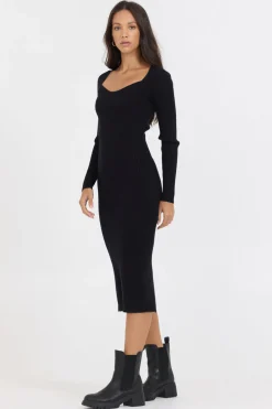 Best Black Fitted Rib Knit Midi Dress Dresses