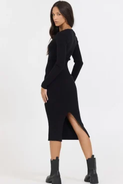 Best Black Fitted Rib Knit Midi Dress Dresses