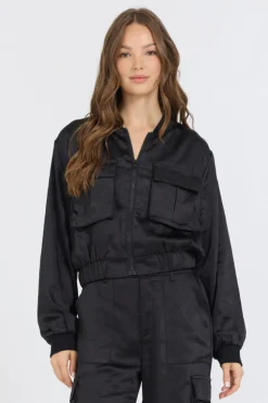 Flash Sale Black Heavy Satin Bomber All Tops