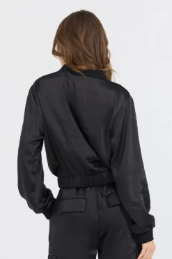 Flash Sale Black Heavy Satin Bomber All Tops