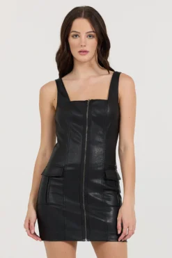 Cheap Black Leather Zip Front Dress All Tops|Dresses