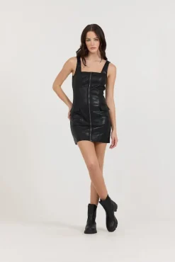 Cheap Black Leather Zip Front Dress All Tops|Dresses