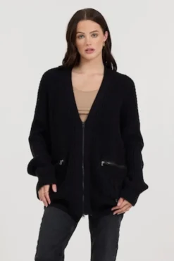 Clearance Black Long Zip Front Utility Cardigan All Tops|Sweaters