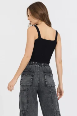 Fashion Black Rib Knit Corset Top All Tops
