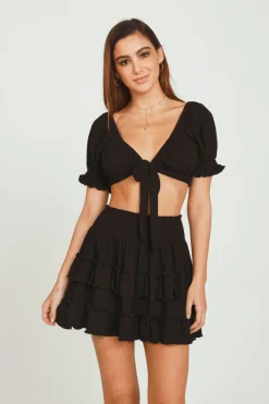 Discount Black Rib Knit Tie Front Balloon Sleeve Crop Top All Tops