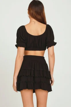 Discount Black Rib Knit Tie Front Balloon Sleeve Crop Top All Tops