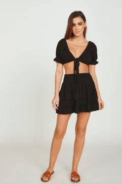 Discount Black Rib Knit Tie Front Balloon Sleeve Crop Top All Tops