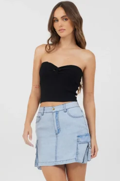 New Black Rib Knit Twist Front Tube Top All Tops