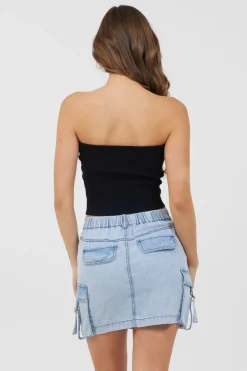 New Black Rib Knit Twist Front Tube Top All Tops