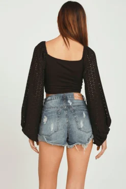 Flash Sale Black Ruched Eyelet Combo Top All Tops