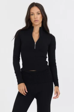Cheap Black Slim Fit Knit Quarter Zip All Tops|Sweaters