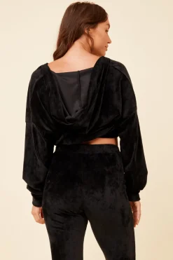 Hot Black Velour Surplice Hoodie All Tops|Hoodies