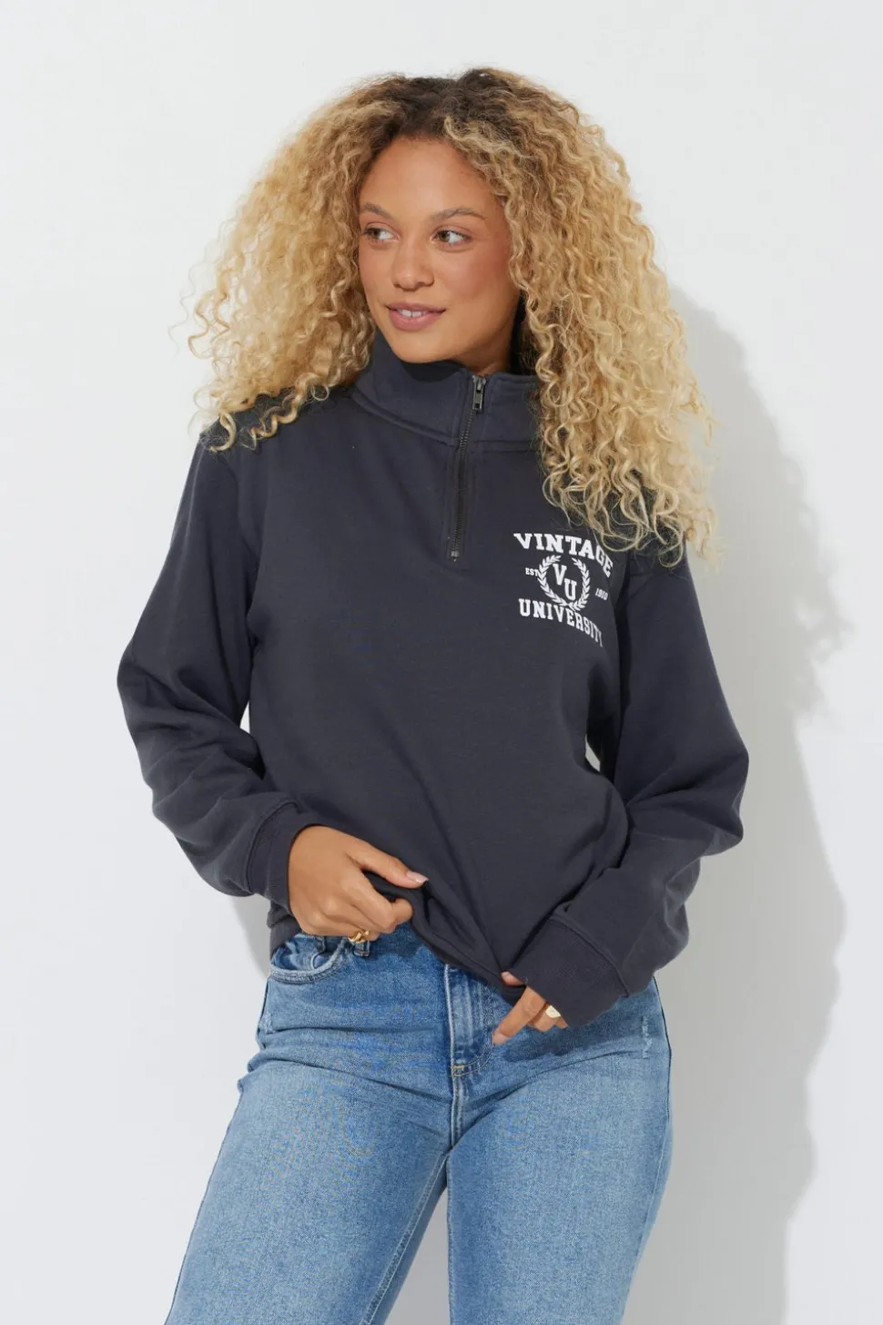 Best Sale Black "Vintage University" Quarter Pigment Dyed Zip Sweatshirt All Tops