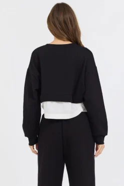 Sale Black/ White Essential Fleece Crewneck W/ Poplin Insert All Tops