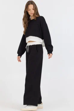 Sale Black/ White Essential Fleece Crewneck W/ Poplin Insert All Tops