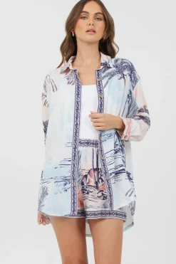 Cheap Blue & Pink Scenic Print Placement Shirt Dress Dresses