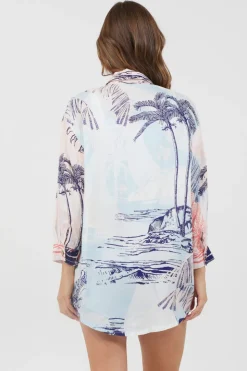 Cheap Blue & Pink Scenic Print Placement Shirt Dress Dresses