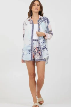 Cheap Blue & Pink Scenic Print Placement Shirt Dress Dresses