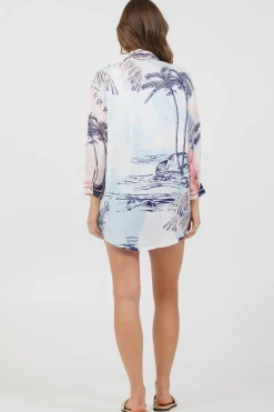 Cheap Blue & Pink Scenic Print Placement Shirt Dress Dresses