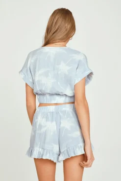 Store Blue W/ White Palm Trees Printed Gauze Twist Front Top All Tops