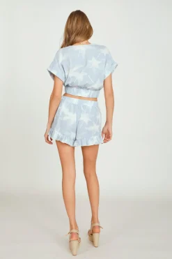Store Blue W/ White Palm Trees Printed Gauze Twist Front Top All Tops