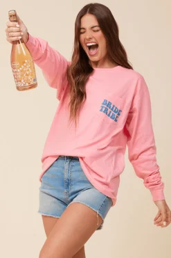 Hot Bride Tribe Sunset Pink Wash Long Sleeved Pocket Tee All Tops