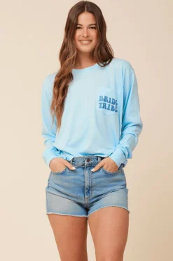 Outlet Bride Tribe Tropical Blue Salt Wash Long Sleeved Pocket Tee All Tops