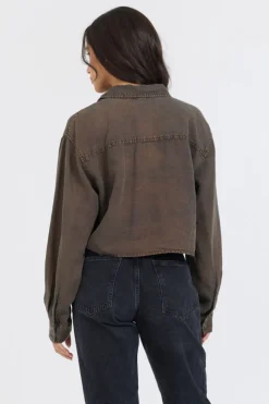 Best Sale Brown Cropped Pocket Detail Shirt All Tops