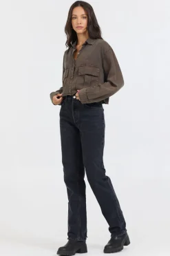 Best Sale Brown Cropped Pocket Detail Shirt All Tops