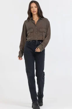Best Sale Brown Cropped Pocket Detail Shirt All Tops