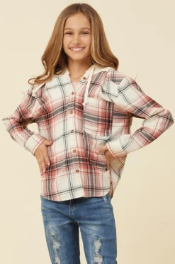 New Burgundy Plaid And Grey Button Up Hoodie Kids Hoodies|Kids Tops