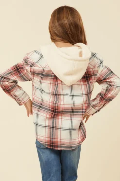 New Burgundy Plaid And Grey Button Up Hoodie Kids Hoodies|Kids Tops