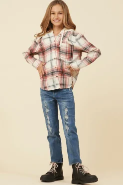 New Burgundy Plaid And Grey Button Up Hoodie Kids Hoodies|Kids Tops