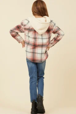 New Burgundy Plaid And Grey Button Up Hoodie Kids Hoodies|Kids Tops