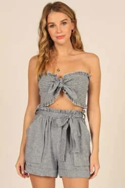 Cheap Captain Blue Stripe Linen Blend Smocked Bandeau All Tops